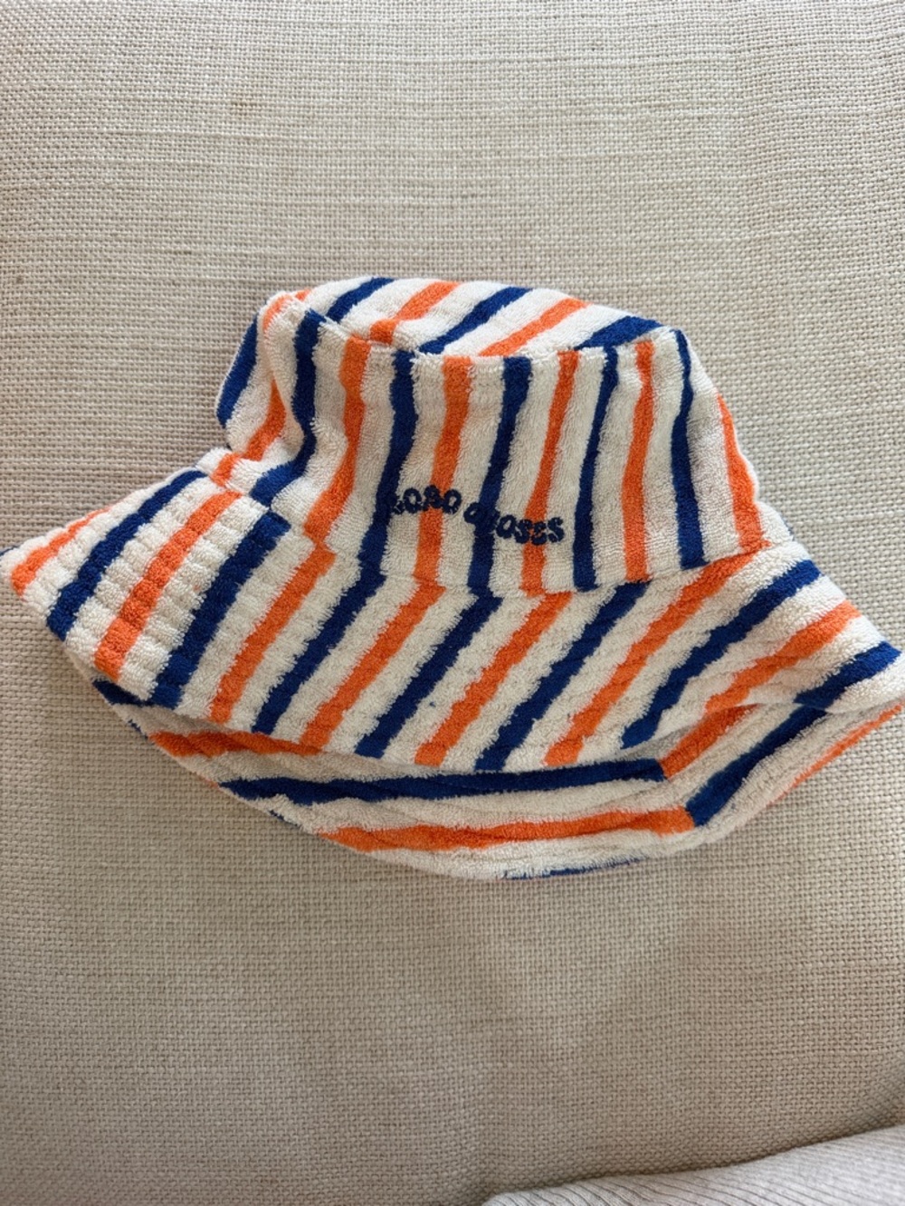 Bobo Choses Striped Terry Bucket Hat in White, Orange & Blue